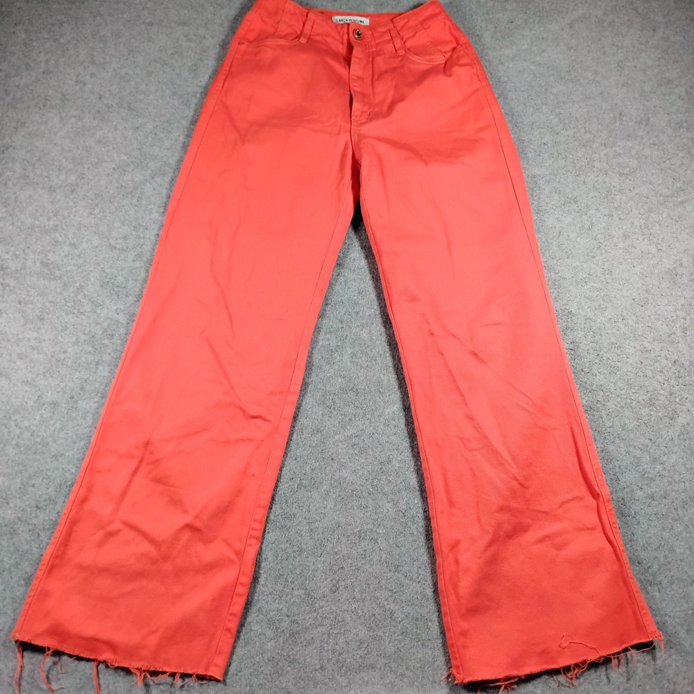 Lança Perfume Women's 6 Coral Orange Denim Raw Hem Wide Leg Flare Jeans